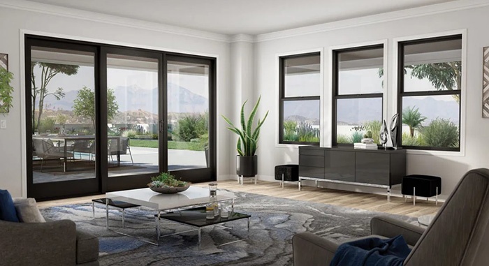 Living room with sliding glass doors in San Jose, CA, bringing natural light and modern style.